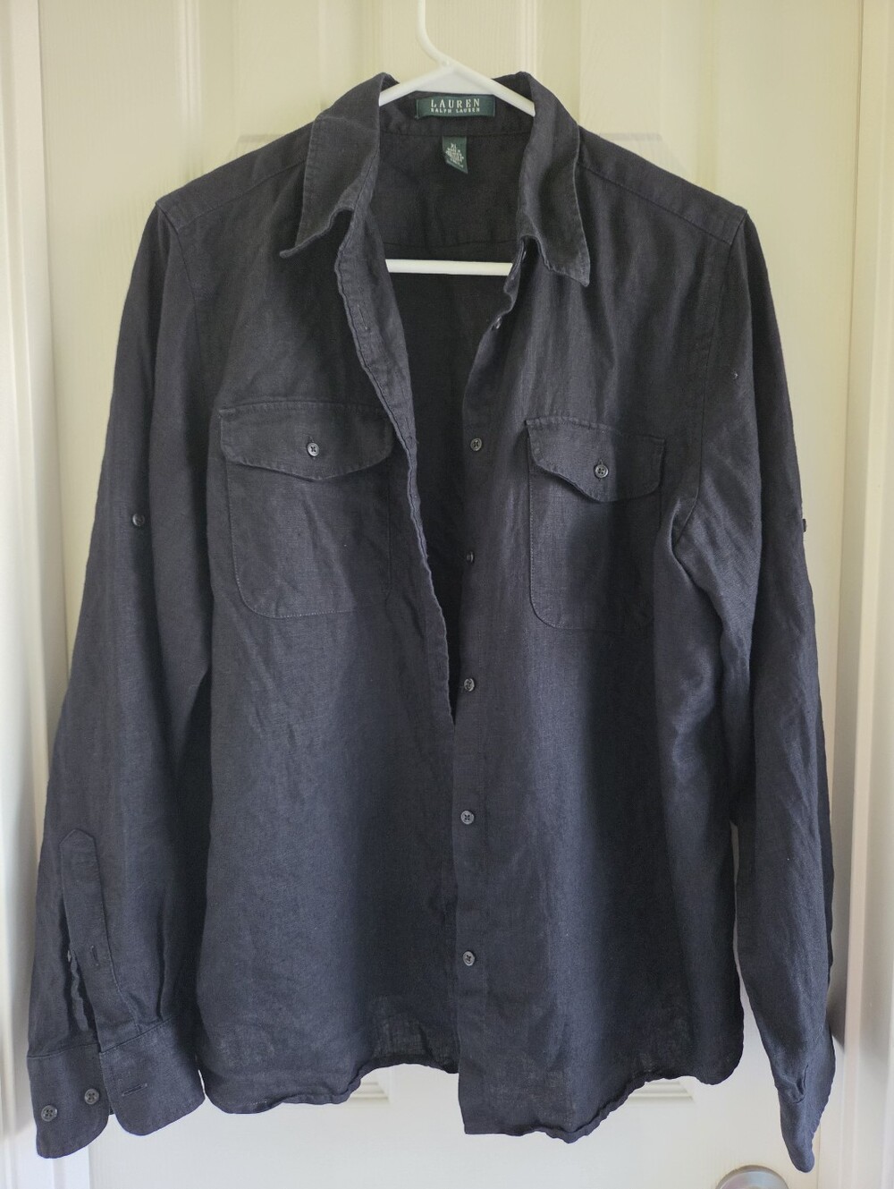 Lauren Ralph Lauren Women Black 100% Linen Utility Shirt Roll Tab Sleeve XL